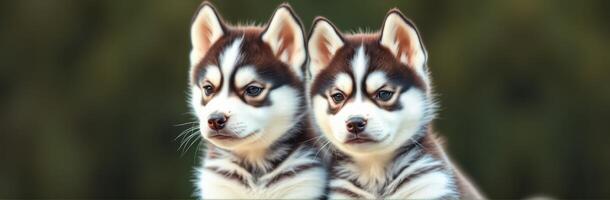 Two adorable husky puppies sitting together in a grassy area during a sunny afternoon photo