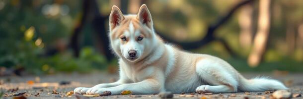 A playful husky rests on a forest path surrounded by autumn leaves during a sunny afternoon photo