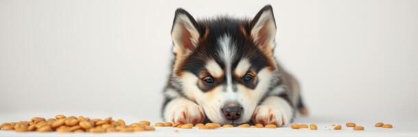 Adorable husky puppy eagerly enjoying treats on a plain background in a cozy indoor setting photo