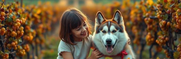 Girl and Siberian Husky enjoying a sunny day in a vineyard surrounded by autumn colors photo