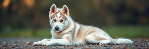 Siberian husky puppy lying on the ground in a park during sunset surrounded by colorful leaves photo