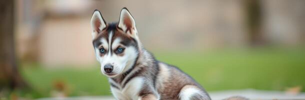 Husky puppy sitting on the ground in a park during a sunny day, exploring its surroundings with curiosity photo