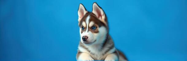 Cute husky puppy lounging on a vibrant blue background while showcasing bright blue eyes and fluffy fur photo