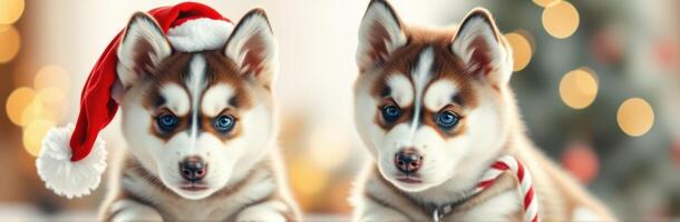 Cute husky puppies dressed for the holidays with Christmas accessories in a festive indoor setting photo