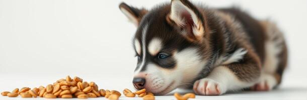 Curious puppy explores scattered dog food on a clean surface in a well-lit indoor environment photo