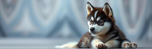 Adorable husky puppy lying on a smooth surface indoors with a stylish background photo