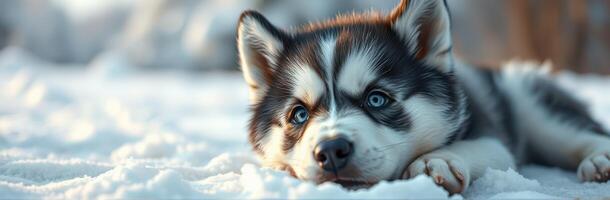 Cute husky puppy resting in the snow during a bright winter day in a serene setting photo