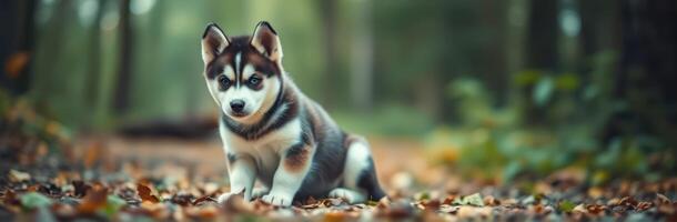 Cute husky puppy sits among fallen leaves in a forest during autumn sunlight photo