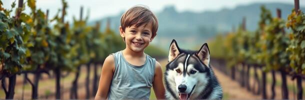 Happy boy and husky dog explore vineyard during daytime under bright sky photo