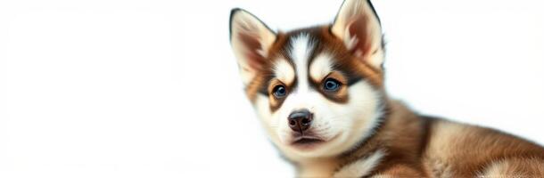 Cute husky puppy with bright blue eyes relaxing against a plain background photo