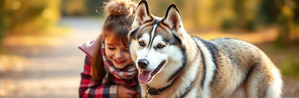 Girl interacts joyfully with husky dog in a serene forest setting during golden hour photo