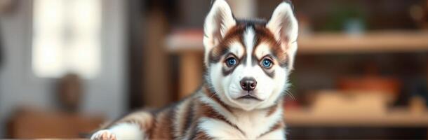 Playful husky puppy enjoying a sunny afternoon indoors with vibrant surroundings and curious expressions photo