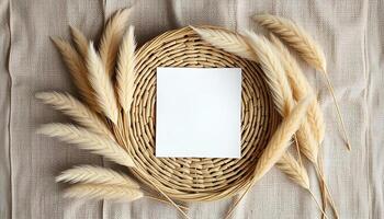 blank paper in a basket with reeds on a wooden background photo