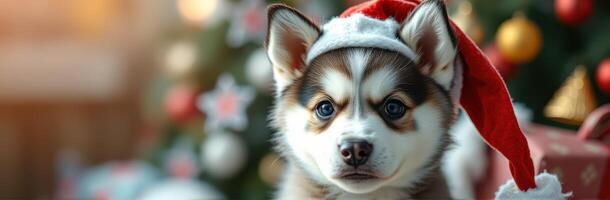 Cute puppy wearing a Christmas hat in front of a decorated holiday tree with lights and ornaments photo