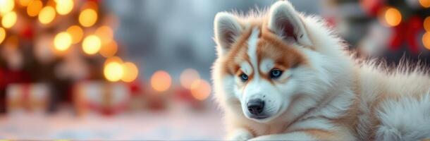 Adorable puppy resting near a brightly decorated Christmas tree during the holiday season photo