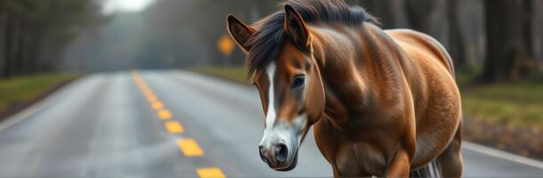 Horse wandering along a quiet country road in early morning light, surrounded by trees and mist photo