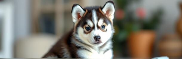 Adorable puppy sitting indoor, showcasing playful personality and unique fur pattern in a cozy environment photo