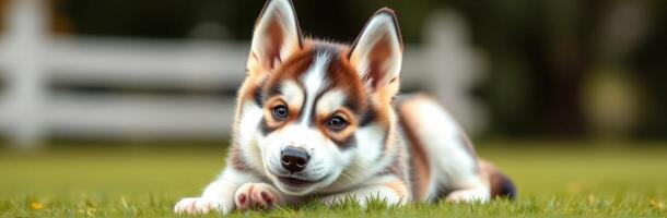 Cute corgi puppy relaxing on green grass in a sunny park setting during early afternoon photo