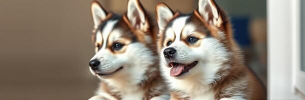 Cute puppies relaxing together in a cozy indoor setting on a sunny day photo
