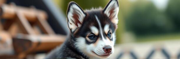 Cute husky puppy resting outdoors in a park during a sunny day with a blurred green background photo