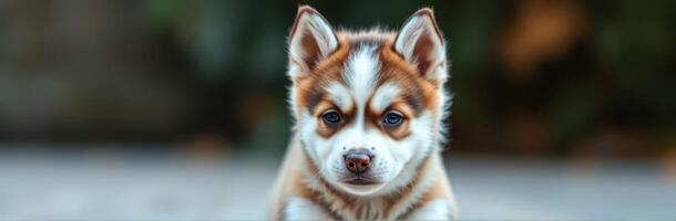 Cute young husky puppy posing gently with captivating blue eyes in a blurred outdoor background during daylight photo