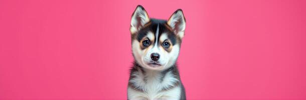 Cute puppy sits against a vibrant pink background, captivating viewers with its playful gaze and fluffy fur photo