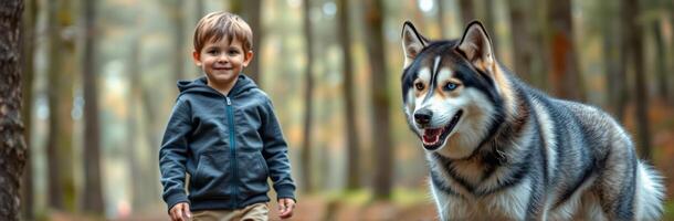 Child walks through forest with husky dog enjoying a sunny autumn day together in nature photo