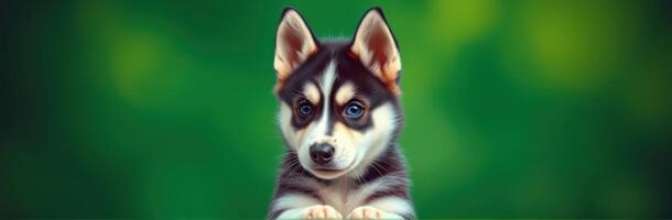 Cute husky puppy with striking blue eyes looks curiously at the camera against a vibrant green background photo