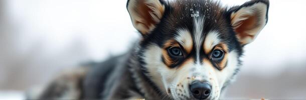 Siberian husky puppy resting on a snowy surface in a winter wonderland setting photo