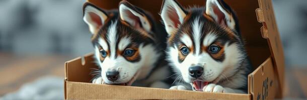 Cute puppies playing together in a cardboard box at home during the afternoon photo