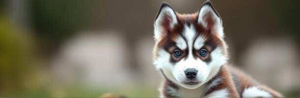 Curious husky puppy resting on a sunny day in the garden surrounded by soft greenery and colorful flowers photo