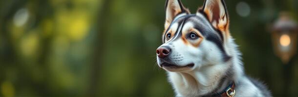 Vibrant husky enjoying a sunny day in a lush garden with greenery and soft lighting photo
