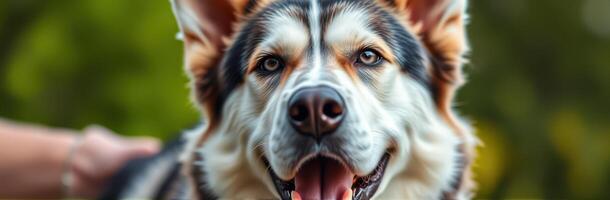 Dog with distinct markings enjoys the outdoors in a sunny park setting during late afternoon stroll photo