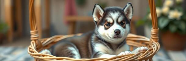 Playful husky puppy relaxing in a wicker basket surrounded by greenery indoors photo