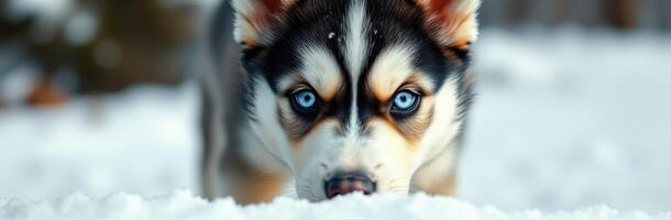 Husky puppy exploring the snowy landscape with bright blue eyes in a winter environment photo