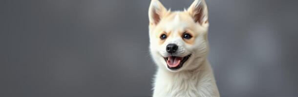 Small fluffy dog with a cheerful expression poses for a close-up portrait against a soft gray background photo