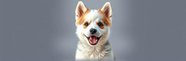 Happy corgi puppy with bright smile and fluffy fur in neutral background photo
