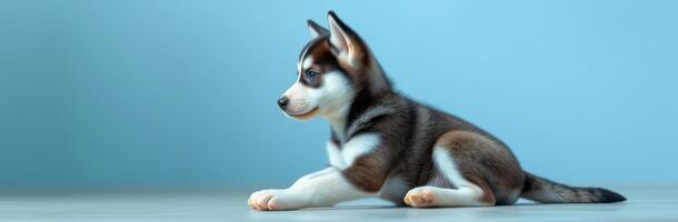 Cute husky puppy lounging on a light blue background in a cozy indoor setting during daylight hours photo