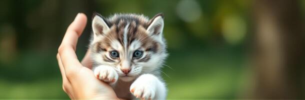 Cute kitten being held gently in a person's hand against a soft green background on a sunny day photo