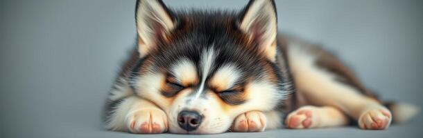 Adorable husky puppy sleeping peacefully on a soft surface in a serene indoor setting photo