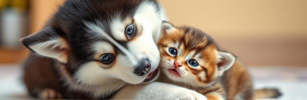 Cute husky puppy cuddles with playful kitten in cozy indoor setting photo