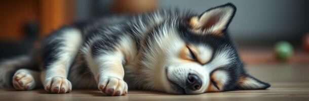 Cute sleeping puppy rests peacefully on the floor in a cozy home environment during the afternoon photo