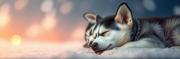 Two sleeping puppies rest peacefully on a soft surface in a cozy setting, surrounded by a warm glow from the background photo