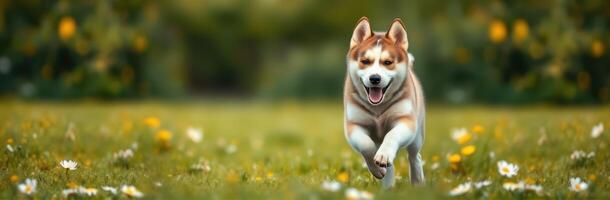 Happy dog running through a field of flowers on a sunny day in a lush green park photo