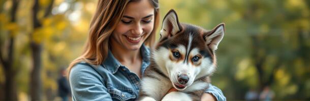 Smiling woman enjoys a sunny day outdoors while holding a fluffy husky puppy in a park setting photo