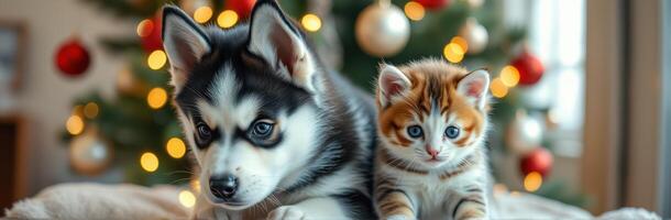 Cute puppy and kitten posing together near a decorated Christmas tree with warm lights photo