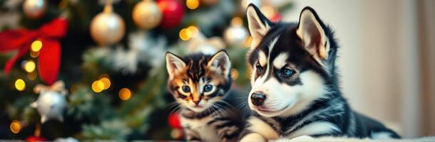Adorable puppy and kitten sit together near a decorated Christmas tree with sparkling lights and colorful ornaments photo