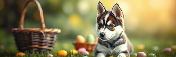 Cute puppy surrounded by colorful Easter eggs in a sunny garden setting during springtime photo