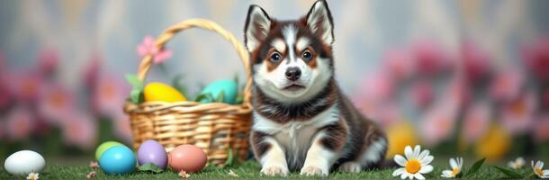 Cute puppy sits by Easter basket filled with colorful eggs and flowers in a spring garden setting photo