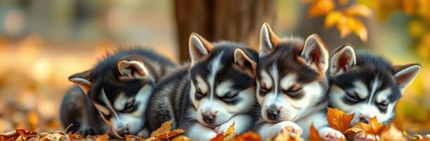 Four adorable husky puppies sleeping peacefully among colorful autumn leaves in a serene outdoor setting photo